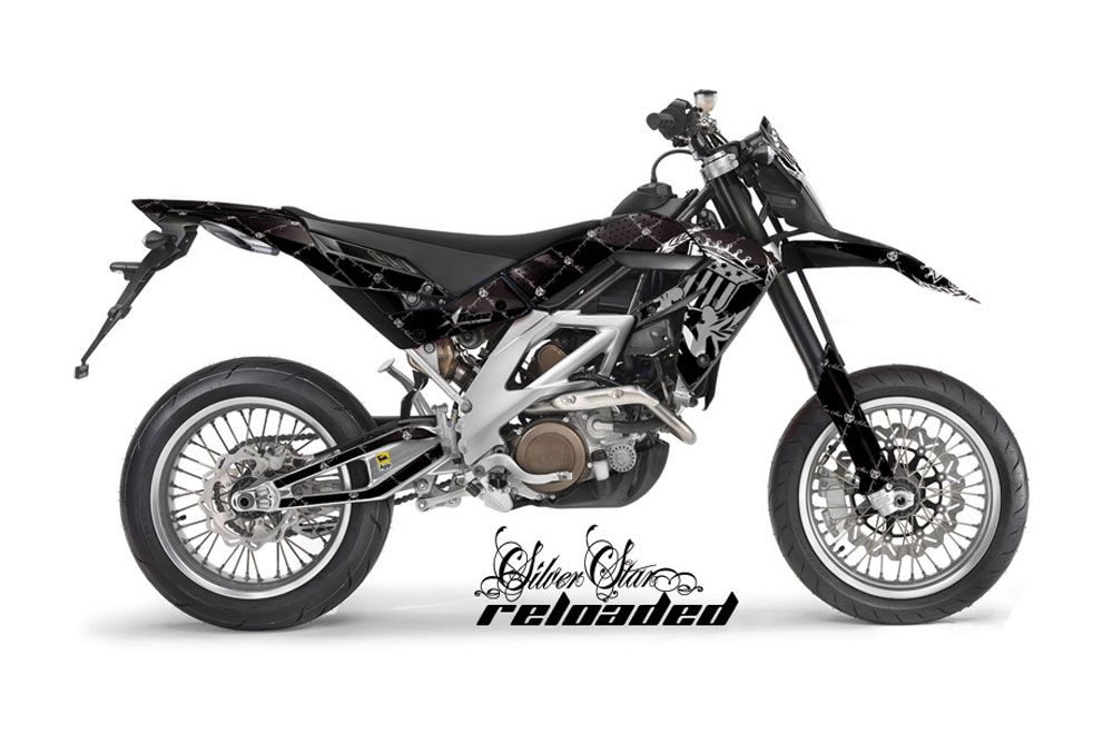 Aprilia SXV 4.5 / 5.5 Dirt Bike Graphic Kit - 2006-2015 Silver Star - Reloaded Black