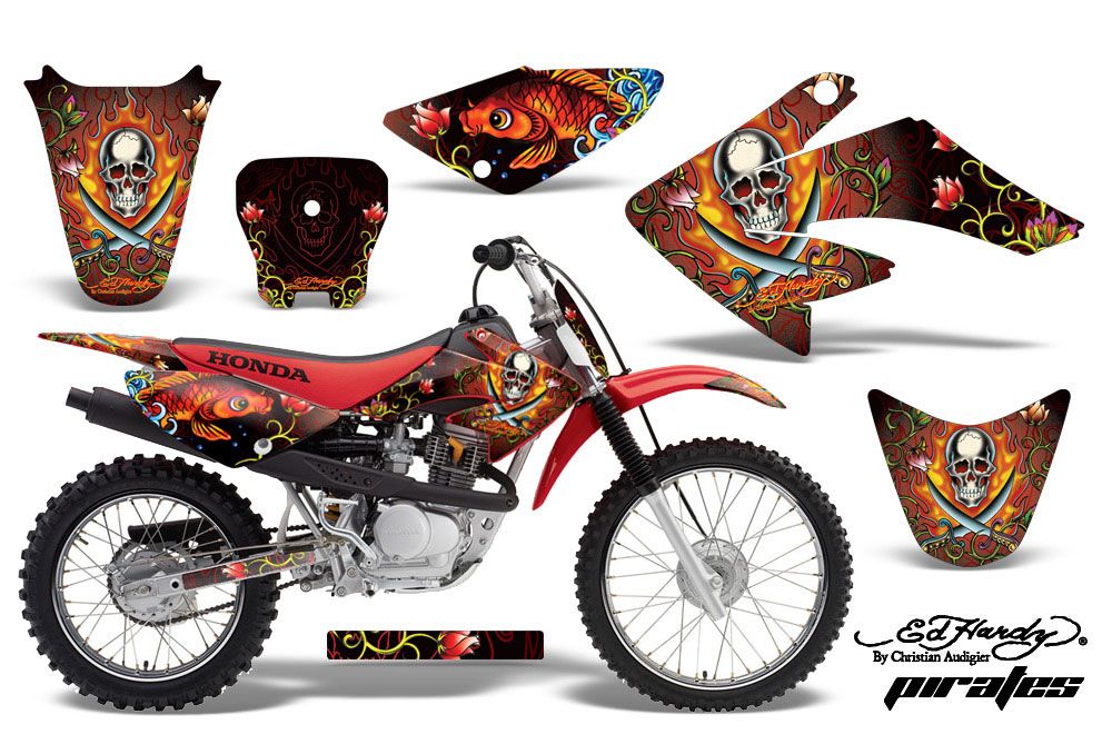Honda CRF70 Dirt Bike Graphic Kit - 2004-2015 Ed Hardy - Pirates Red