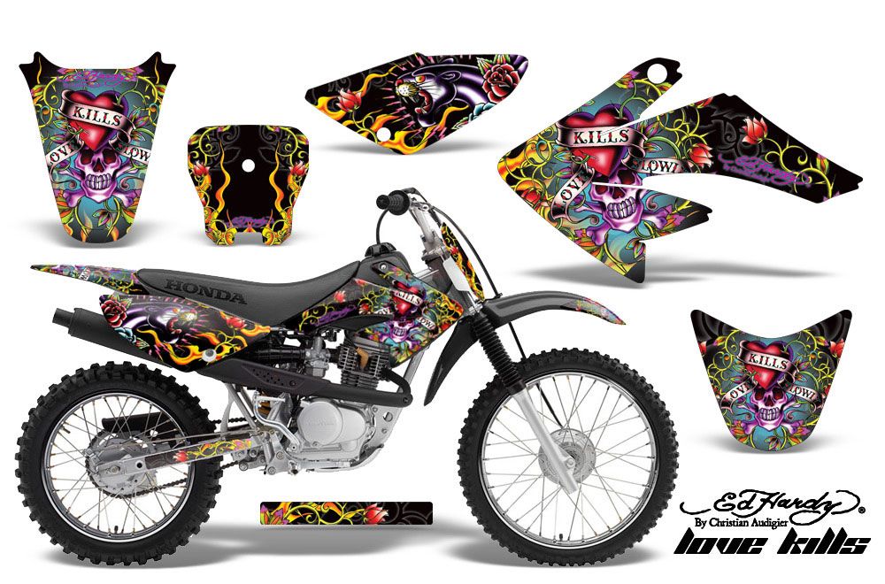 Honda CRF70 Dirt Bike Graphic Kit - 2004-2015 Ed Hardy - Love Kills Black