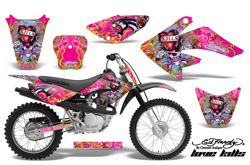 Honda CRF70 Dirt Bike Graphic Kit - 2004-2015 Ed Hardy - Love Kills Pink