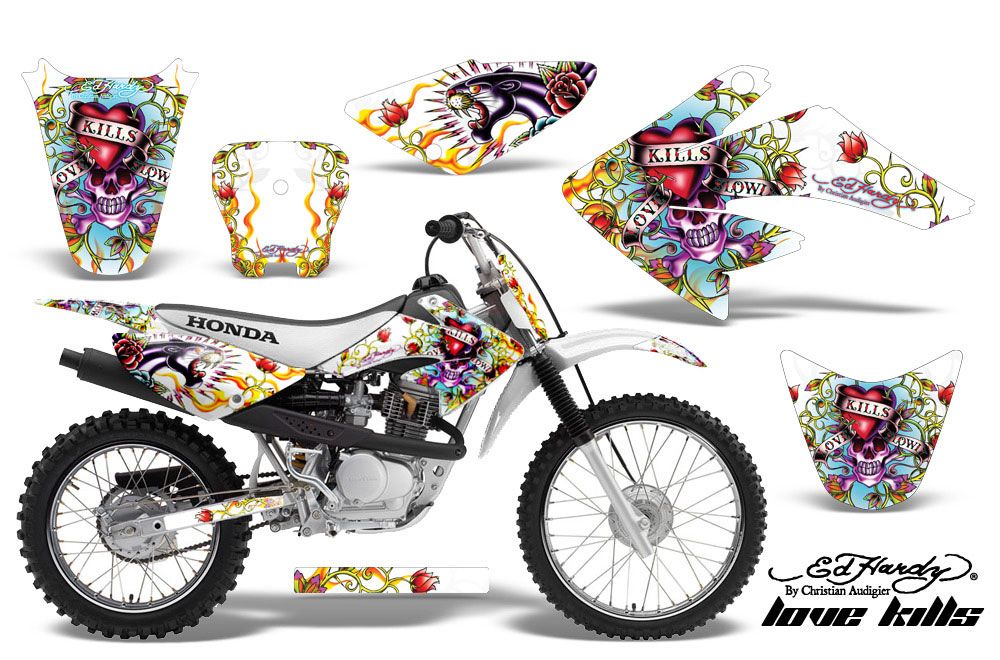 Honda CRF100 Dirt Bike Graphic Kit - 2004-2010 Ed Hardy - Love Kills White
