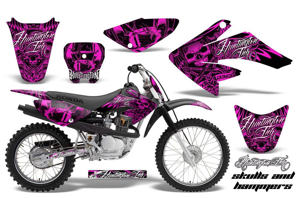 Honda CRF100 Dirt Bike Graphic Kit - 2004-2010 Skulls and Hammers Pink