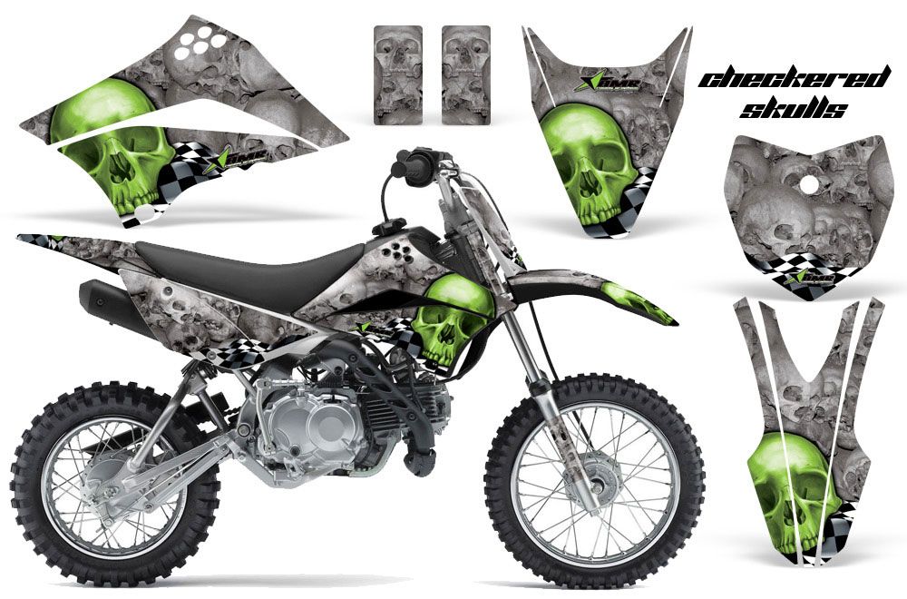 Kawasaki KLX110 Dirt Bike Graphic Kit - 2010-2016 Checkered Skulls Green