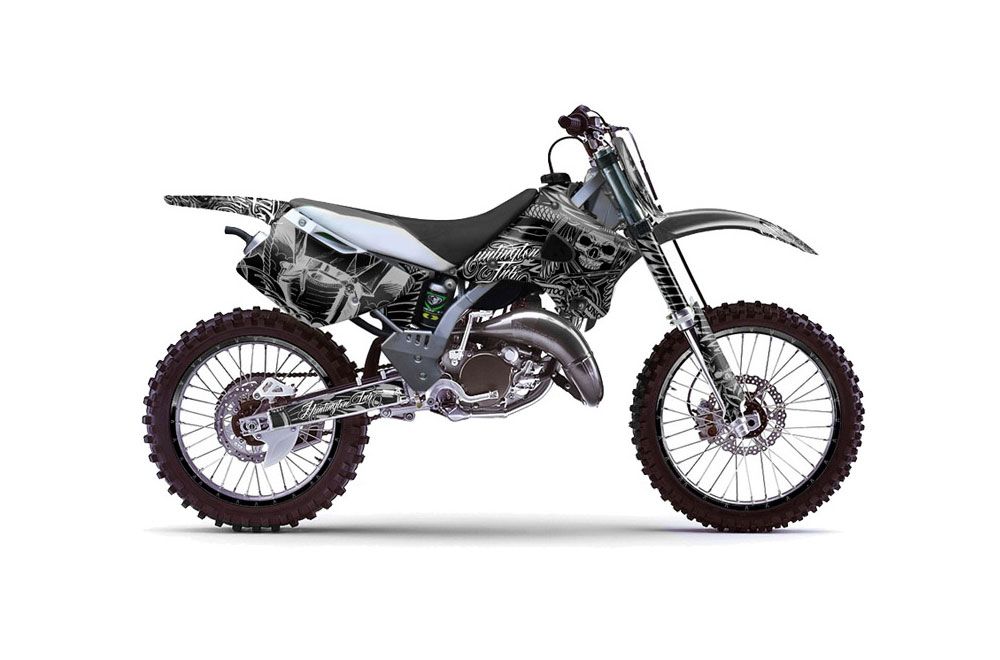 Kawasaki KX250 Dirt Bike Graphic Kit - 1994-1998 Skulls and Hammers Silver