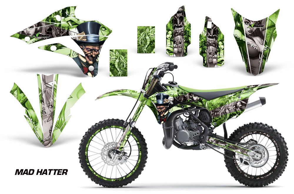 Kawasaki KX100 Dirt Bike Graphics: Mad Hatter - Green MX Graphic Wrap Kit (...