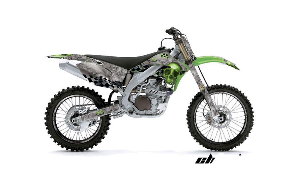 Kawasaki KXF450 Dirt Bike Graphic Kit - 2006-2008 Checkered Skull Green