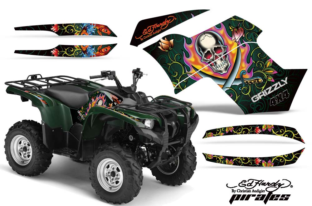 Yamaha Grizzly 700 / 550 ATV Graphic Kit - 2007-2014 Ed Hardy - Pirates Green