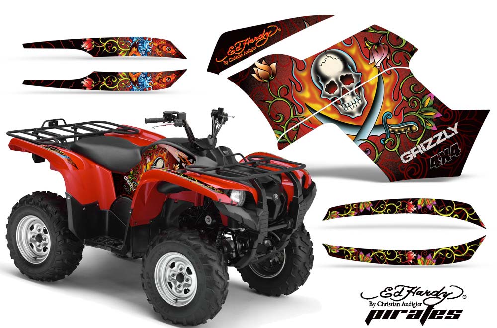 Yamaha Grizzly 700 / 550 ATV Graphic Kit - 2007-2014 Ed Hardy - Pirates Red