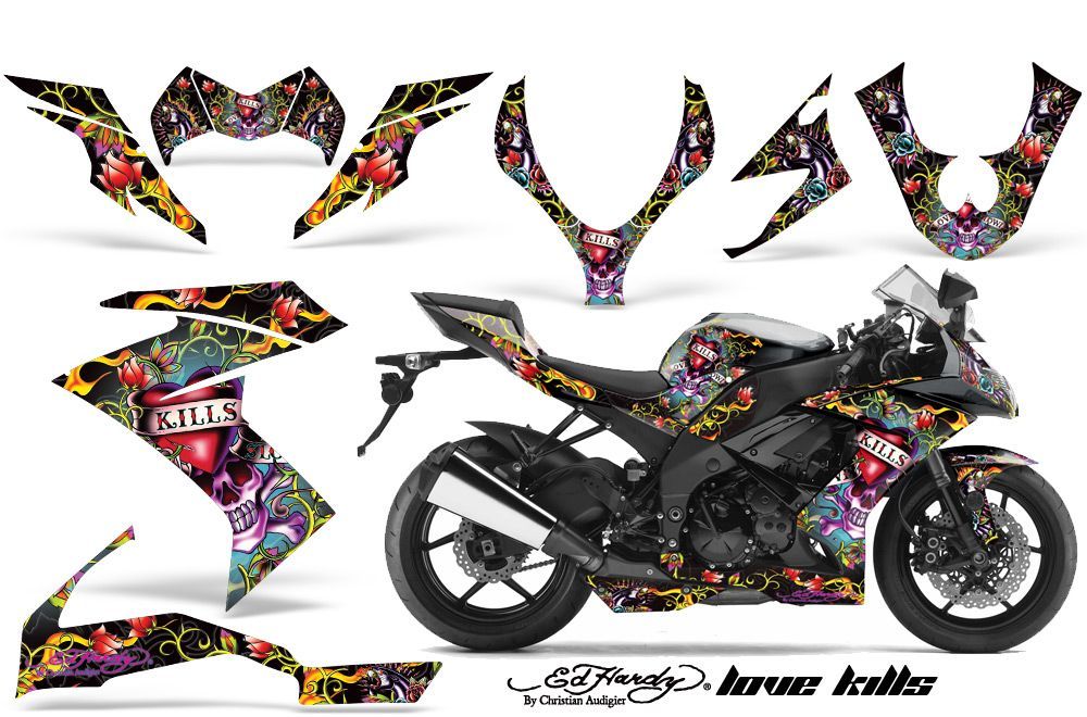 Kawasaki ZX10 Ninja Graphic Kit - 2008-2009 Ed Hardy Love Kills Black