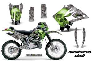 Kawasaki KDX220 Dirt Bike Graphic Kit - 1997-2005 Checkered Skull Green
