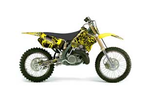 Suzuki RM 125 Dirt Bike Graphic Kit - 1996-1998 Skulls and Hammers Yellow