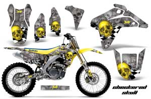 Suzuki RMZ 450 Dirt Bike Graphic Kit - 2005-2006 Checkered Skull Yellow