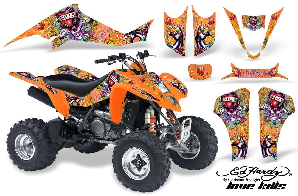 Kawasaki KFX 400 ATV Graphic Kit - 2003-2008 Ed Hardy - Love Kills Orange