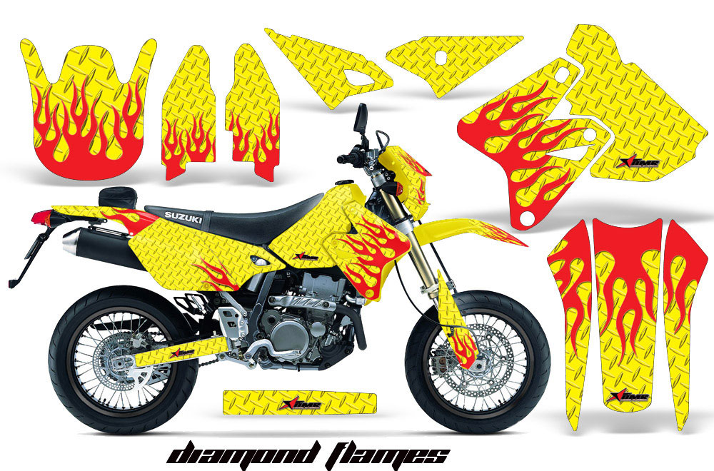 Suzuki DRZ 400 S Metal Tank Dirt Bike Graphic Kit - 2000-2018 Diamond Flames Yellow