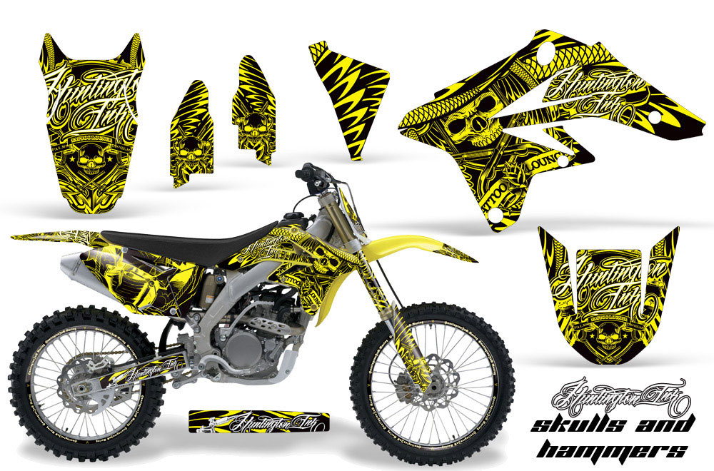 Suzuki RMZ 250 Dirt Bike Graphic Kit - 2007-2009 Skulls and Hammers Yellow